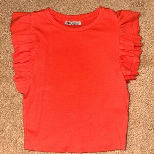 Zara Shirt Womens Medium Coral Ruffle Sleeve Ribbed Top Sleek Trendy Fitted Chic